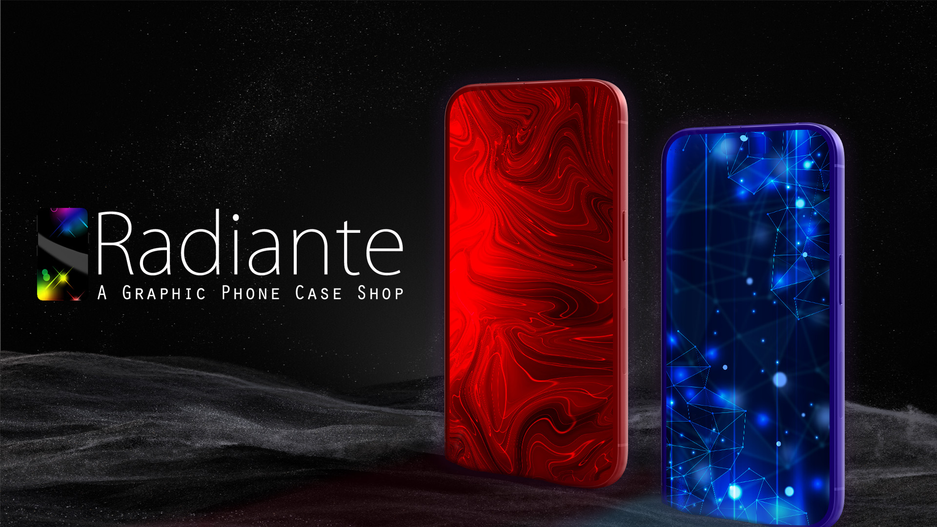Featured Radiante logo on top of five beautiful, colorful, custom graphic phone cases.