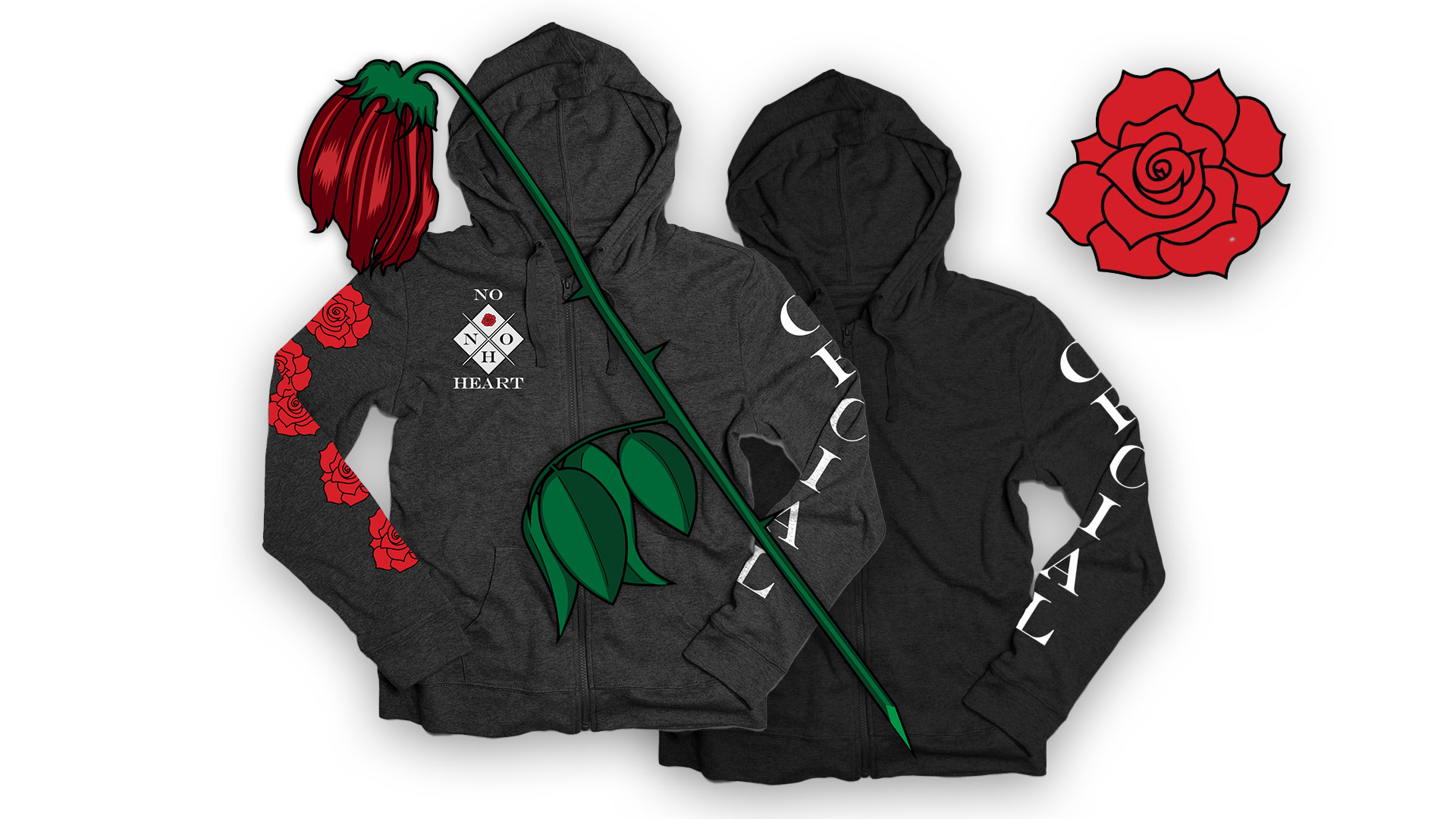 NHO logo on assorted hoodie print designs with wilted rose graphics layered over.