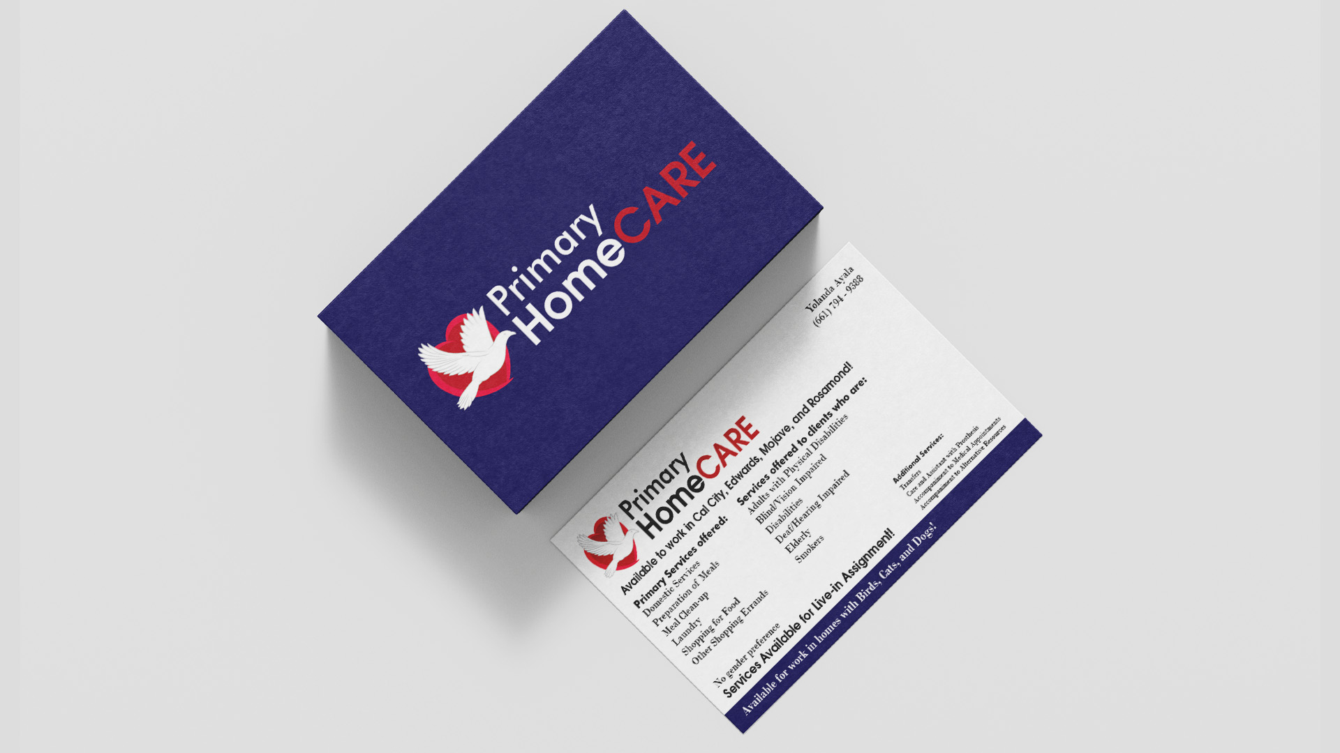 Primary HomeCARE dove logo print and business card design.