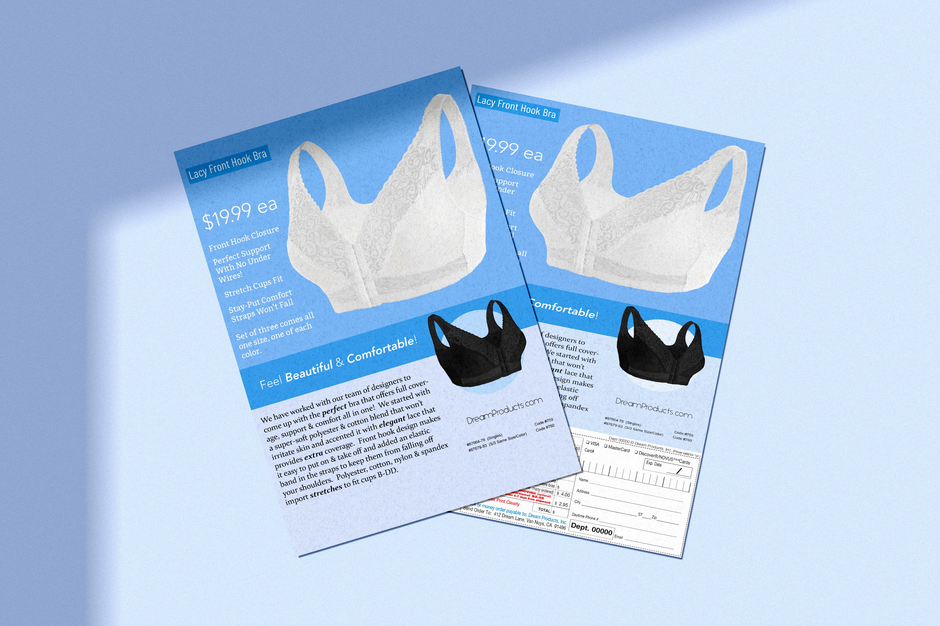 Product flyer print design of dream products bra for sale.