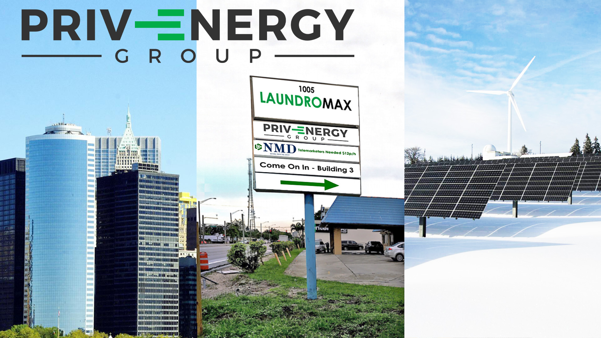 Sign designed and printed in city with Privenergy Group logo next to skyscrapers and solar farm.