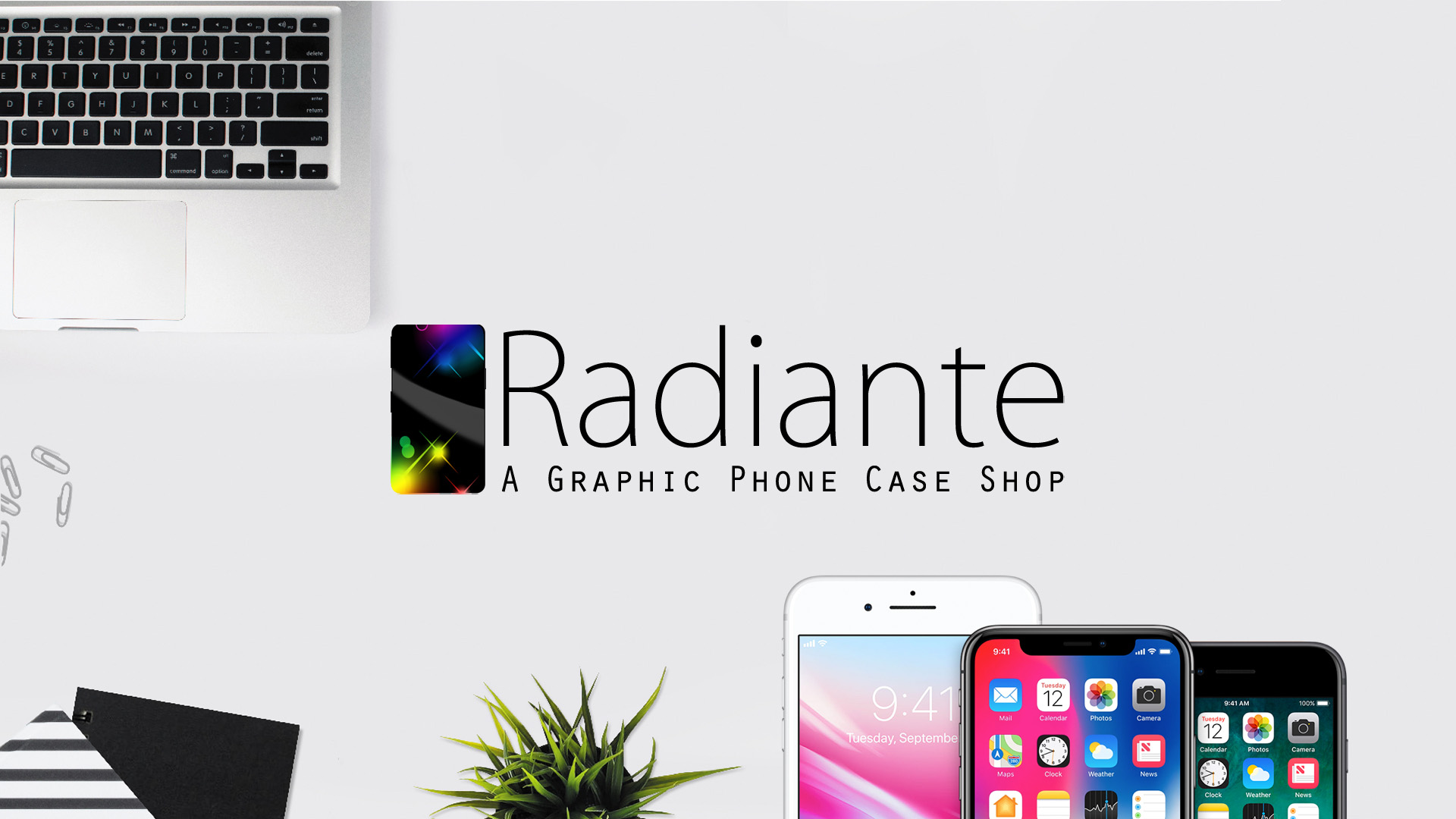 Radiante brand logo with smartphones and a laptop.