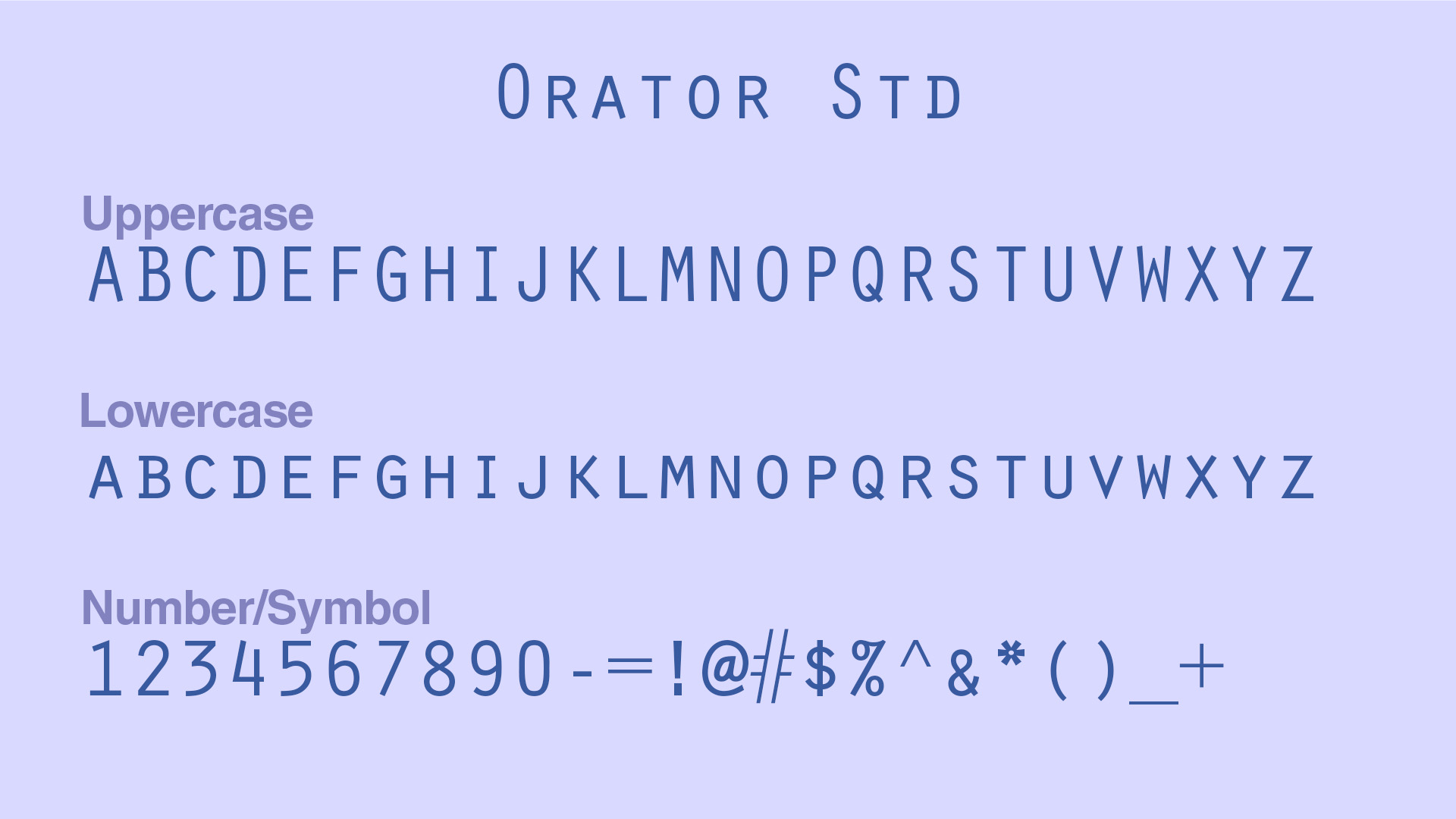Complete Orator STD font family in dark blue on a light blue background.