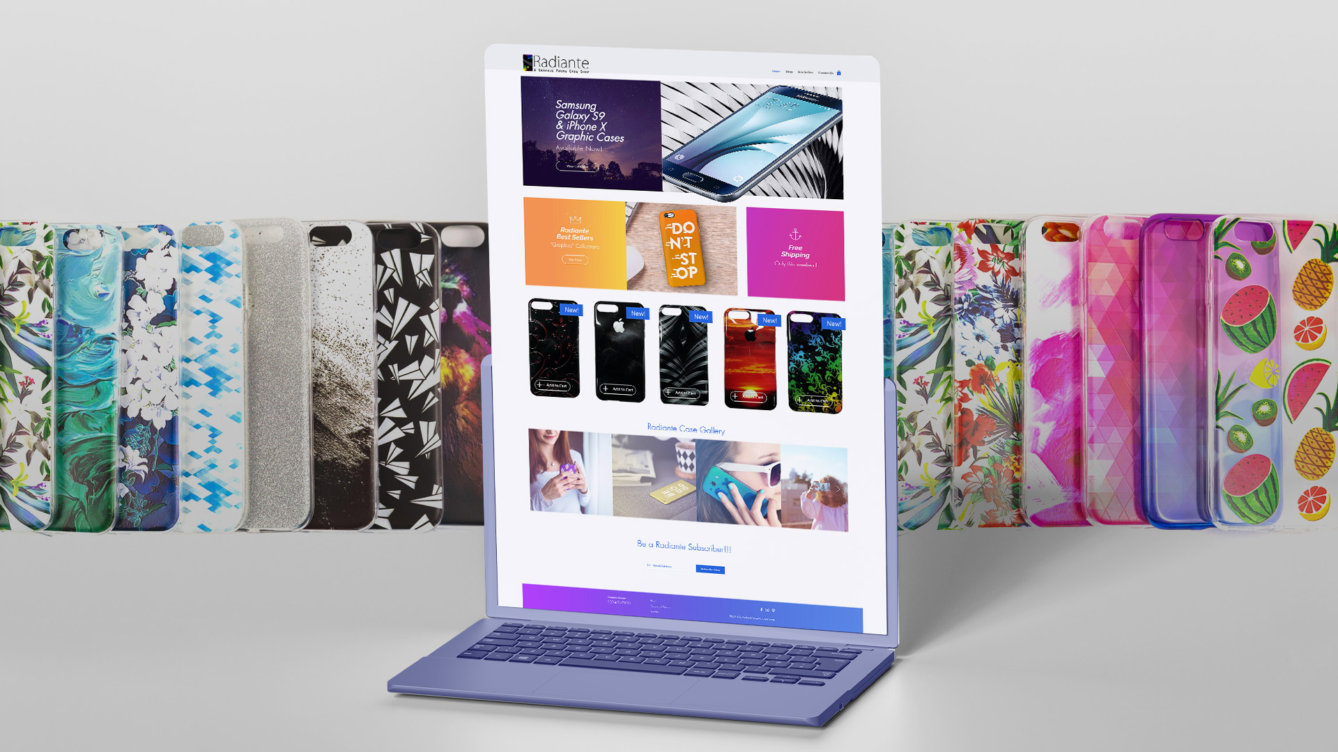 Radiante website on a laptop with a background of dozens of phone cases.