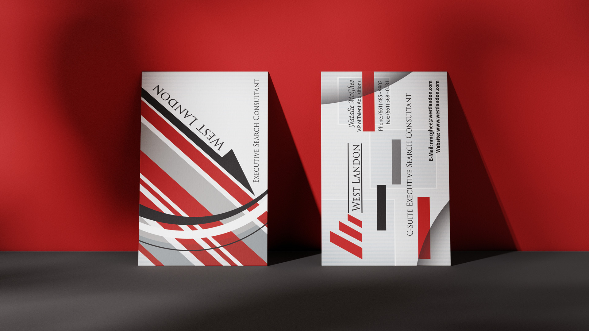 West Landon red, black, and white business card print design.
