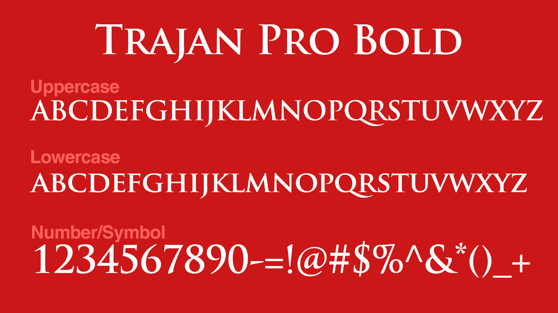 Complete Trajan Pro Bold font family in white on a dark red background.