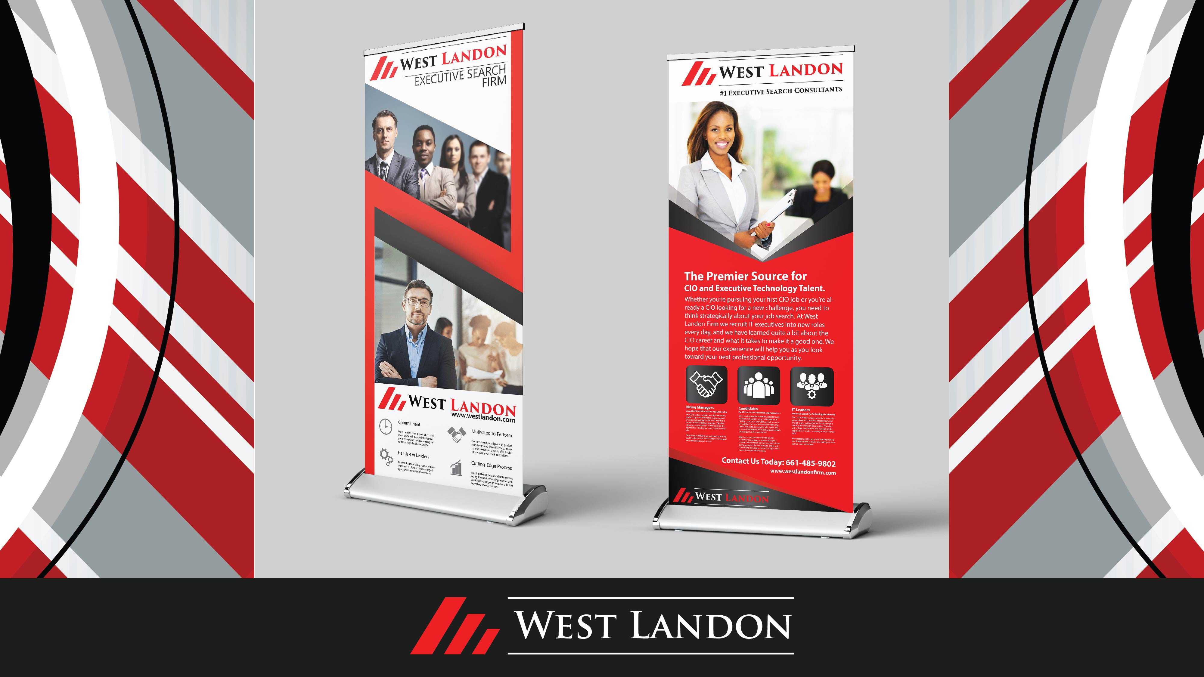 West Landon logo on two featured retractable banners on a red, white, black, and gray background.