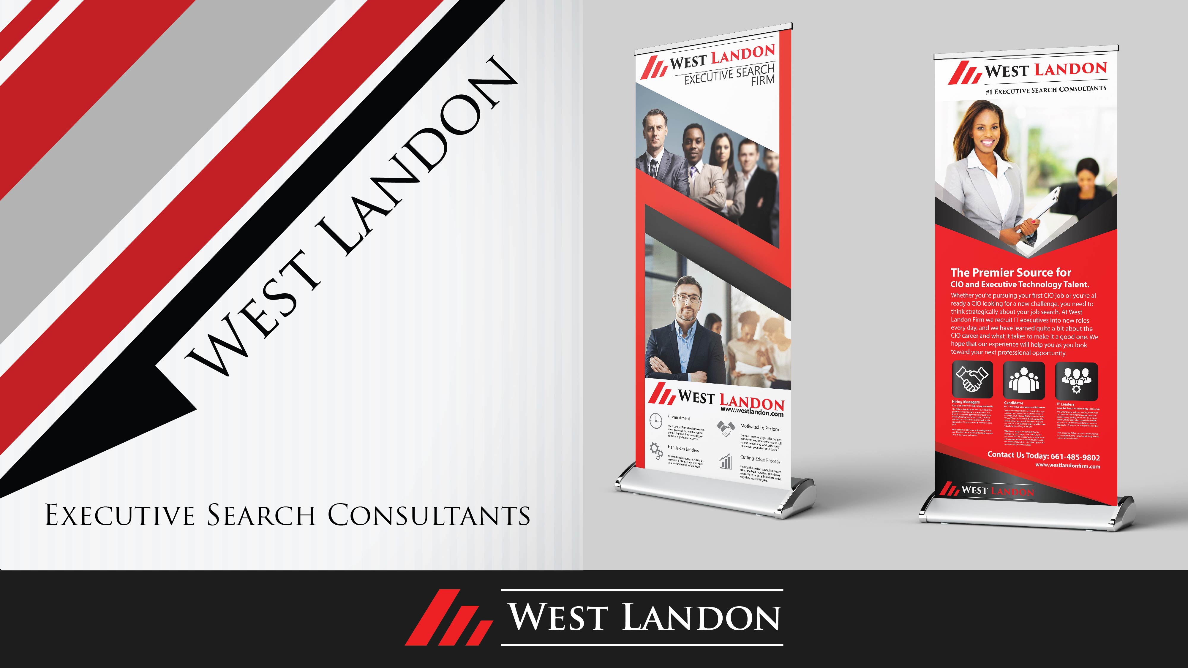 West Landon logo on a red, white, black, and gray background with banners on each side.